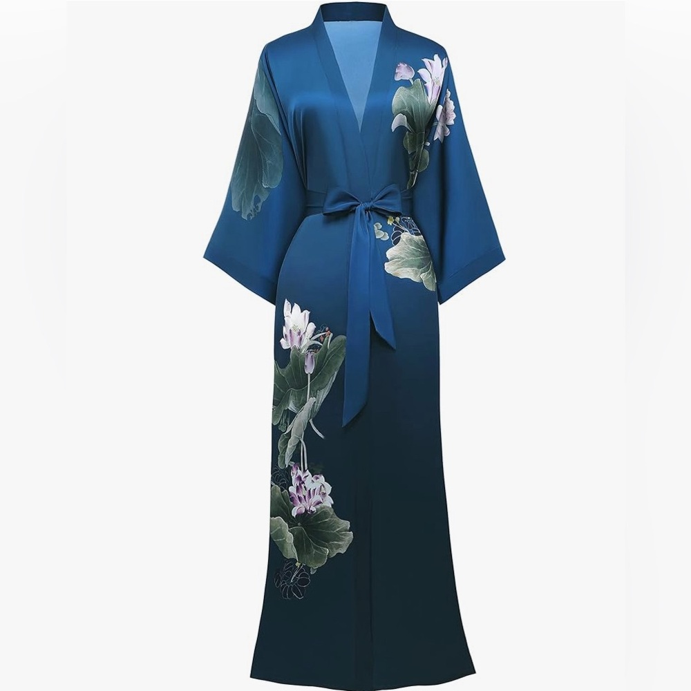GORGEOUS- Long Kimono Robe-Satin Sleepwear- Watercolor Silky Bathrobe